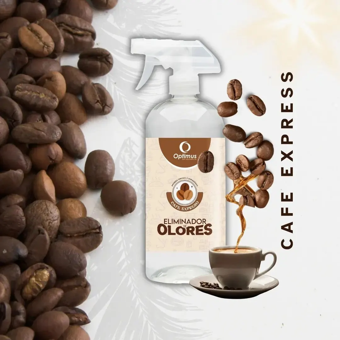 Spray Optimus Café Expreso de 500 ml junto a granos de café y una taza
