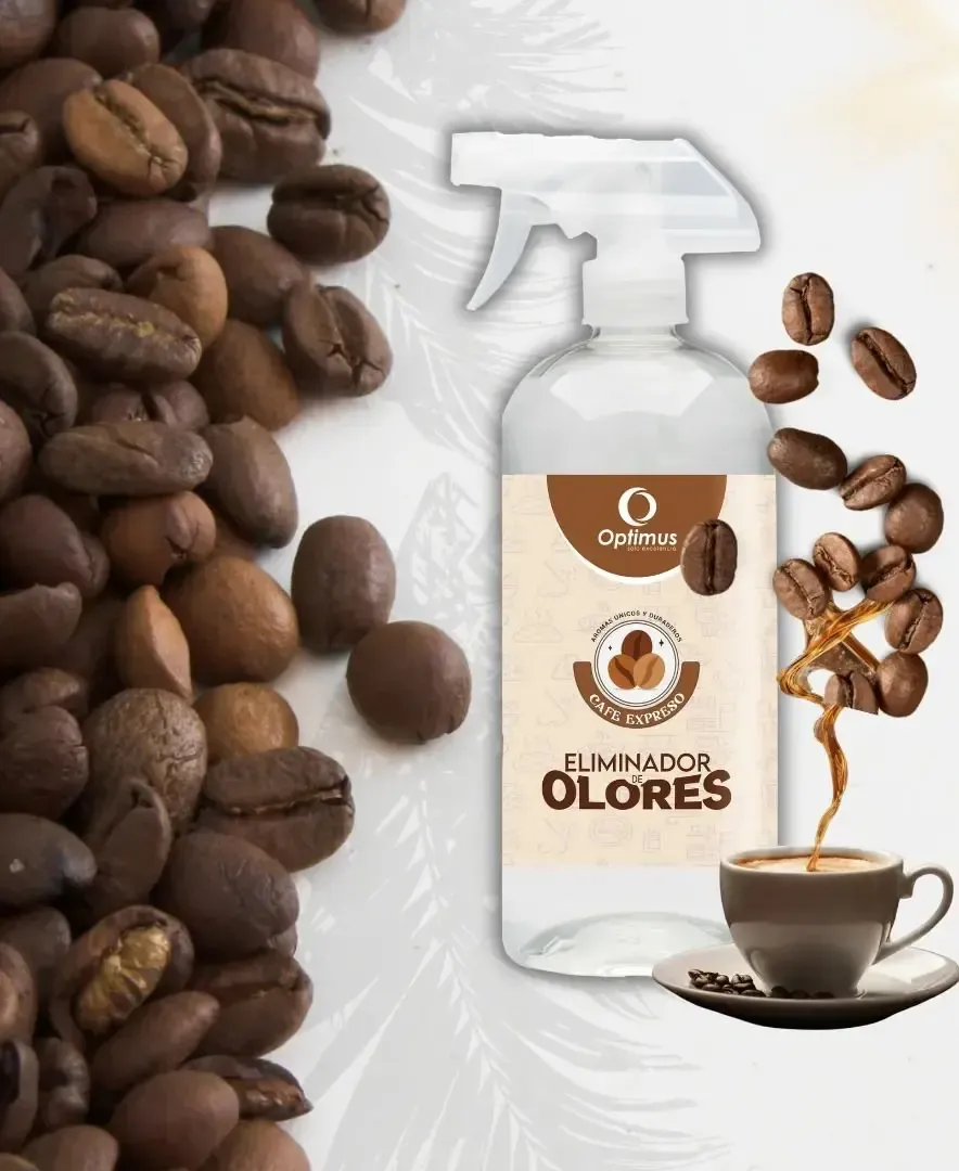 Spray Optimus Café Expreso de 500 ml junto a granos de café y una taza