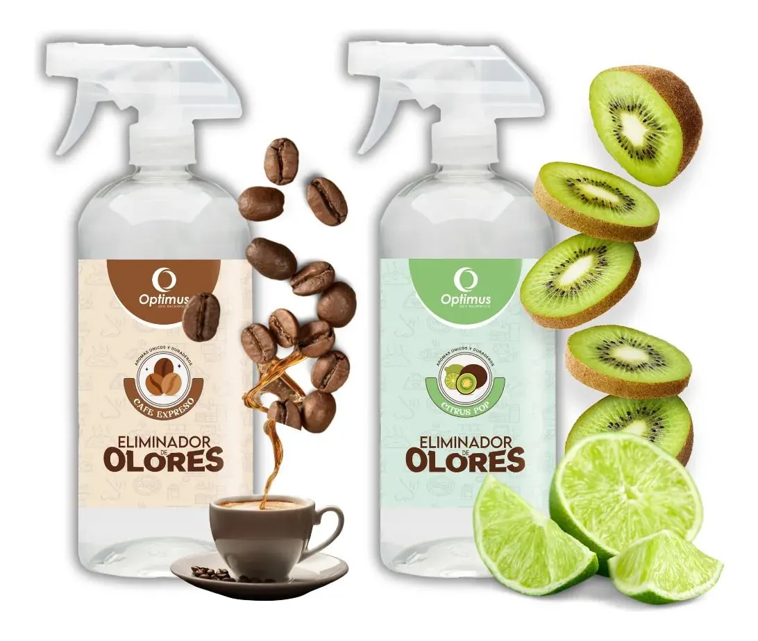 Dos sprays Optimus de 500 ml: Café Expreso, con granos de café, y Citrus Pop, con rodajas de kiwi y limón